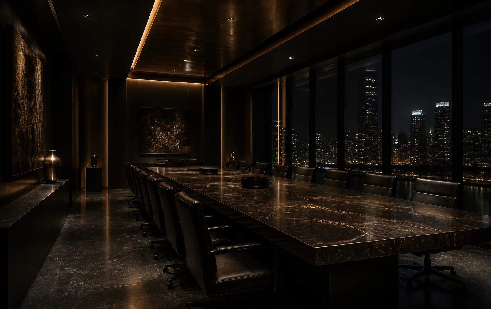Executive boardroom overlooking a night skyline
