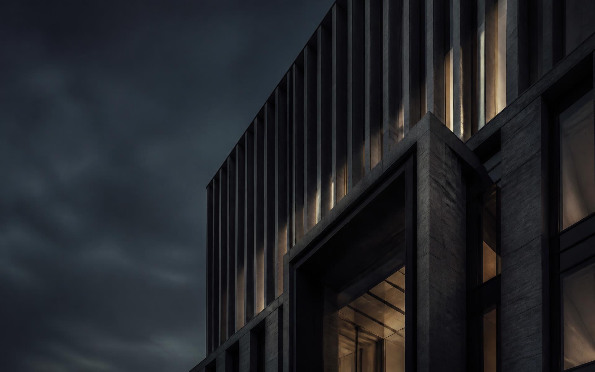 Institutional headquarters facade at blue hour